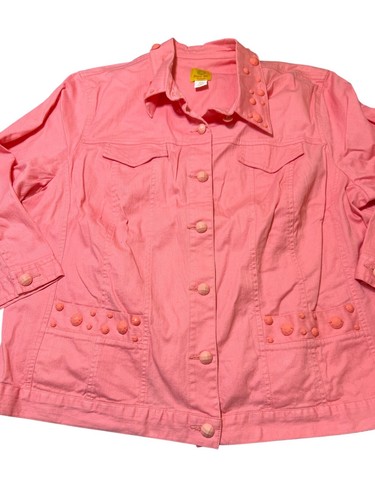 Ruby Rd. Pink Salmon Studded Denim Jacket Embellishments 3/4 Sleeves Sz 18W NWOT - Picture 2 of 5
