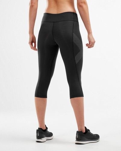 Medias de compresión 3/4 de tiro medio para mujer 2XU - negras/punteadas reflectantes, X-pequeñas - Imagen 4 de 6