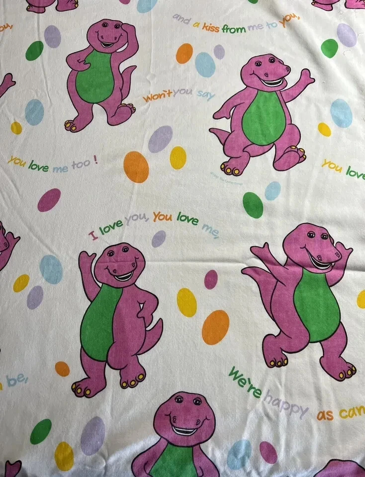 Vintage 1992 Barney Purple Dinosaur 90” x 67” Twin Bed Sheet “I Love You” - Image 3 of 4