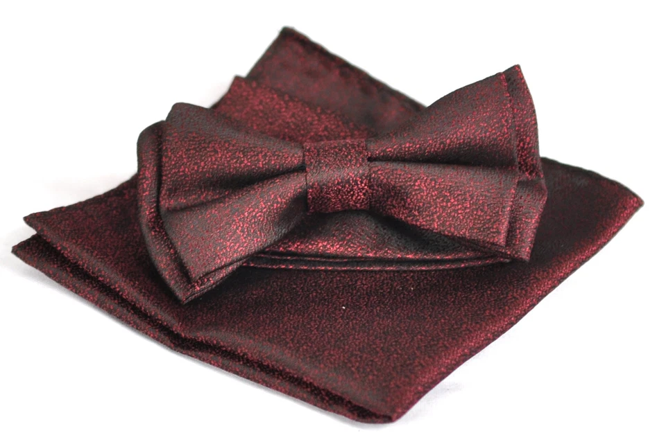 MENS BOW TIE + POCKET SQUARE Hanky Handkerchief Wedding Party DARK RED ELEGANT - Image 2 of 4