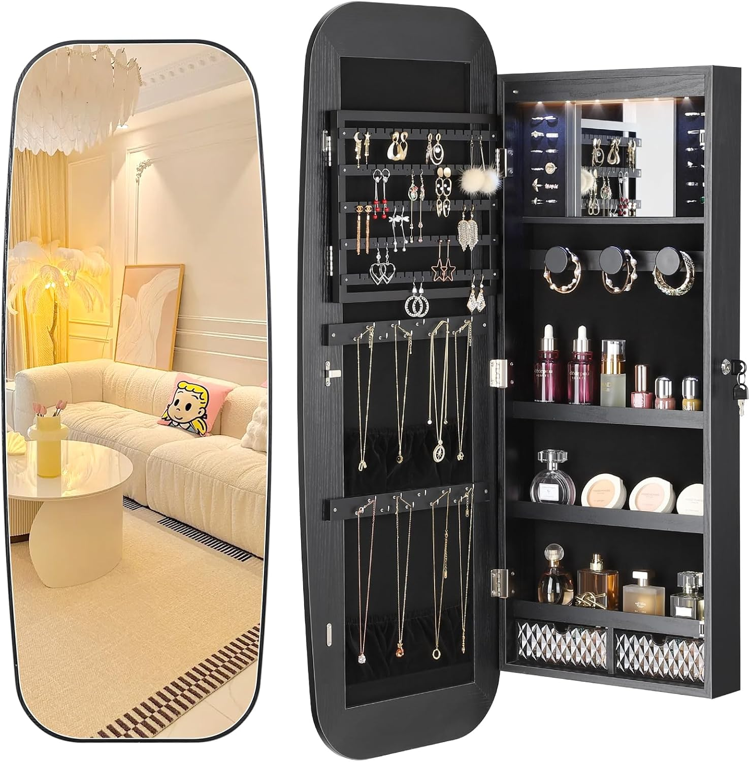 LED Mirror Jewelry Cabinet, Rounded Jewelry Armoire Organizer, Wall or Door Moun