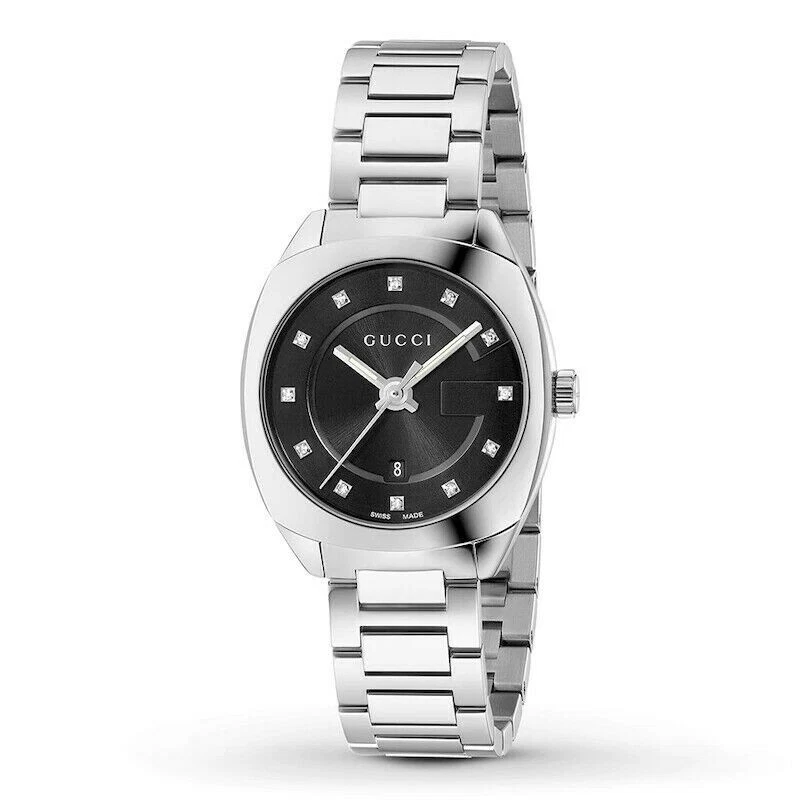 Montre Gucci pour femme en acier inoxydable cadran index diamant noir GG2570 YA142503