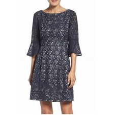 Eliza J Lace Fit and Flare Bell Sleeve Dress Navy Blue 8