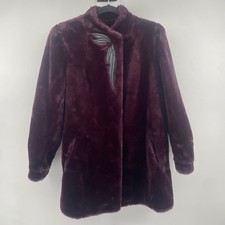 Vintage ILGWU Faux Fur Coat Women Medium Burgundy Embroidered Leaf Winter Glam