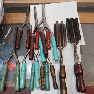 Vtg Antique Wooden Handled Hair Styling Tool Crimper  &  Curling Iron lot of 10