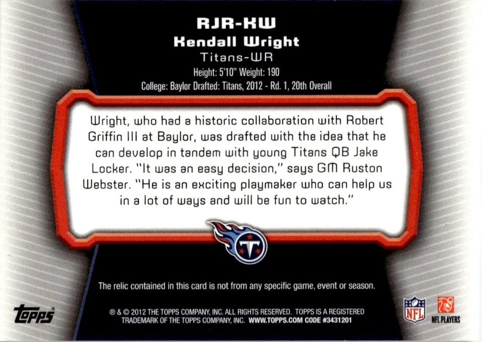 2012 Topps Rookie Relic Jumbo Jersey Kendall Wright Titans #RJR-KW - Image 2 of 2