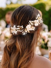Gold Flower Hair Vine Headpiece Bridal Headband Pearl Wedding Hair Accessorie...