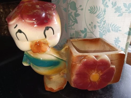 Vintage 1950’s Shawnee Ceramic Painted Duck With Flower Hat Planter  MCM