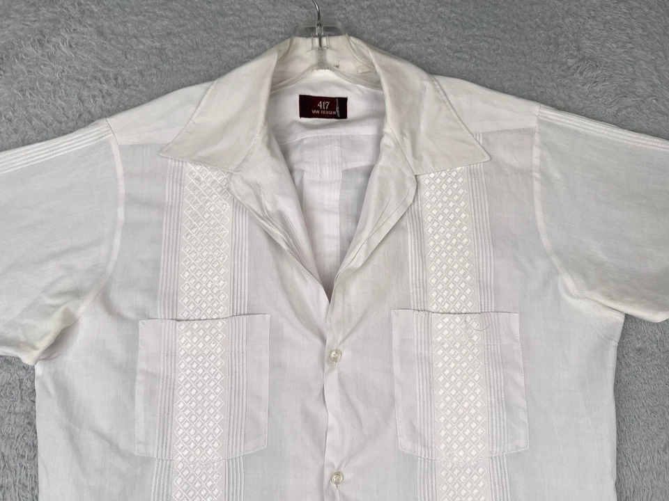 Van Heusen Guayabera Shirt Adult Large White Button Polyester Blend 4 Pocket - Image 4 of 4