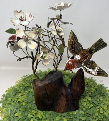 Signed Norman Brumm Sculpture Enamel On Copper Birds & Dogwood Flowers Driftwood