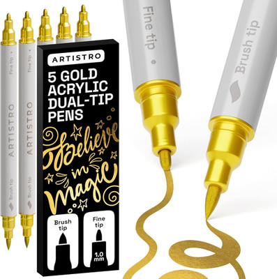 5 goldene Acrylmalstifte - Dual Tip (Pinsel & Fein) Marker für Stoff, Leinwand, 