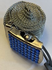 New Vtg Nine West Silver Metal Mesh Belt Blue Sparkle Gem Slide Buckle Large 40