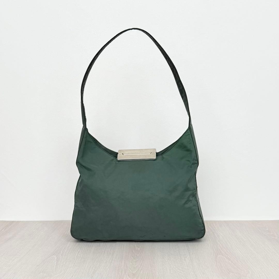 Prada Archive 1990s Metallic Green Nylon Shoulder Bag Authentic