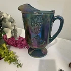 Vintage Blue Purple Iridescent Carnival Glass Grape Pattern Pitcher 64oz Handle