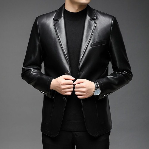 Hombres Traje-Chaqueta Negocios Informal Botón Solapa Cuello Imitación Cuero Traje Abrigo - Imagen 12 de 13