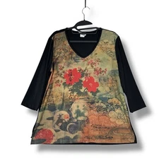 Y2K CSC Studio Asian Floral Tunic Top Womens 3/4 Sleeve Fairy Petite Medium