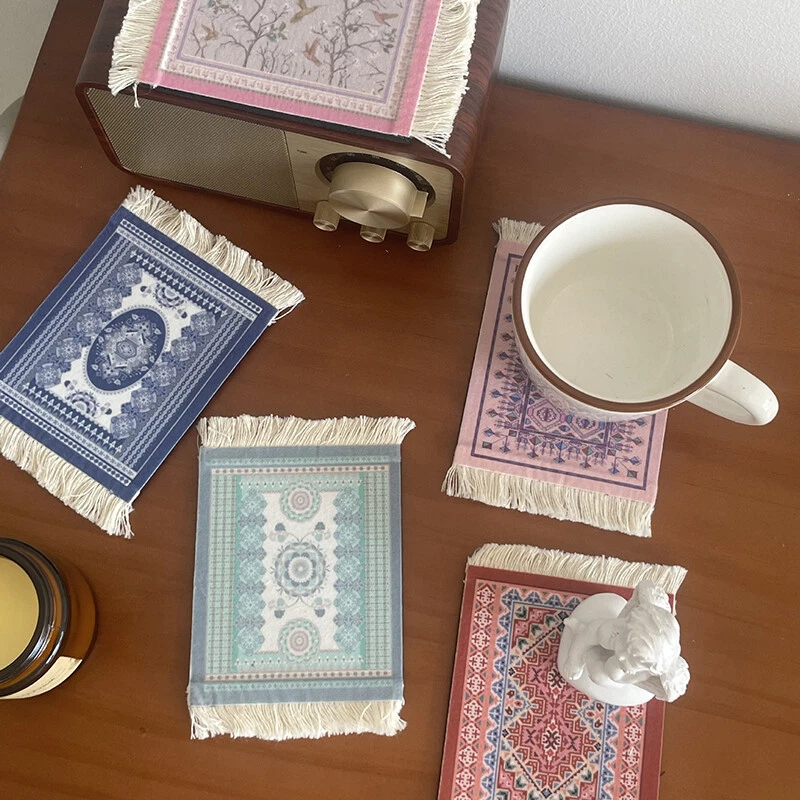 Woven Cup Pad Persian Pattern Rug Mat Mini Office Table Decor Home Craft Retro - Image 2 of 4
