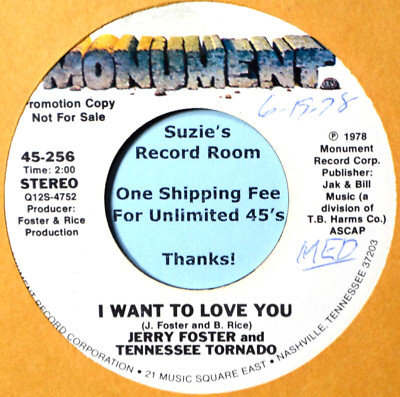 Jerry Foster & Tennessee Tornado I Want to Love You DJ Promo EX- 45 7'' Vinyl