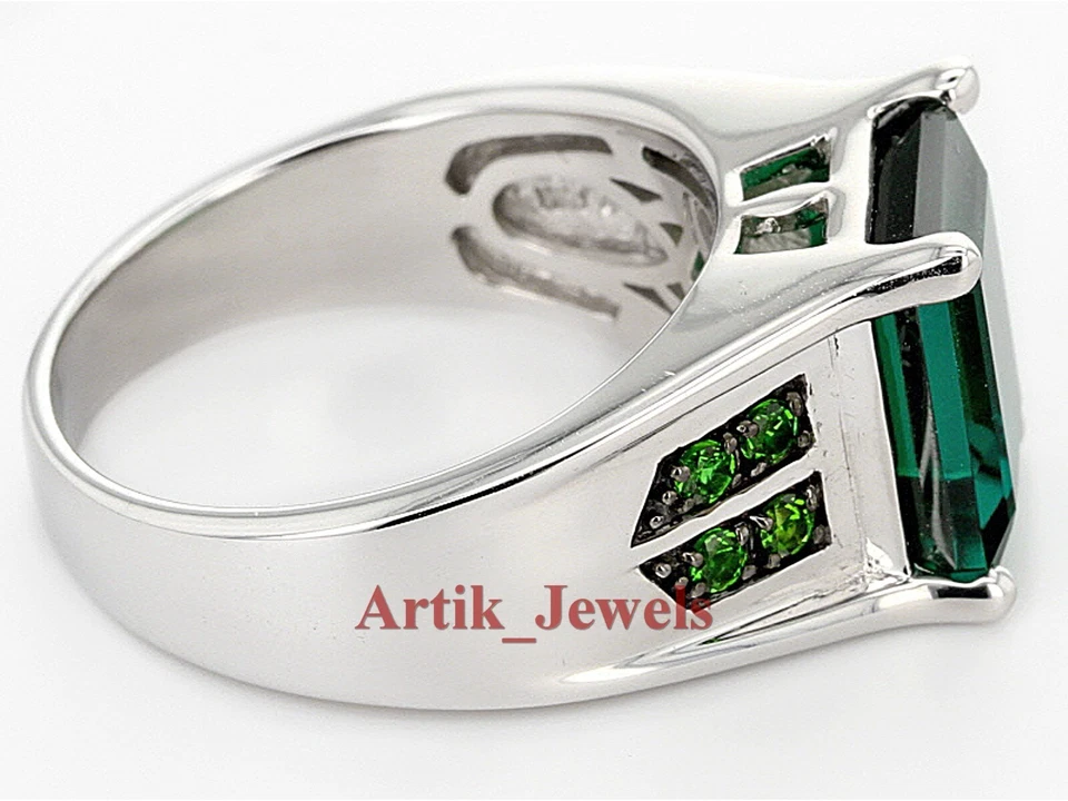 Labor Erstellt Smaragd & Tsavorit Mit 14K Weiß Vergoldet Silber Herren Ring #85 - Bild 3 von 4