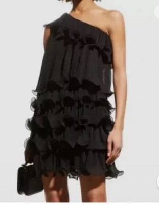  Milly Women's Black One-shoulder Pleated Tiered Ruffle Mini Dress Size 8
