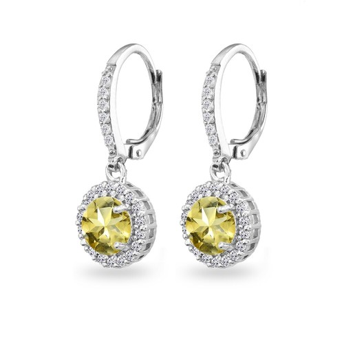 925 Silver Citrine Round Dangle Halo Leverback Earrings with White Topaz - Picture 2 of 3