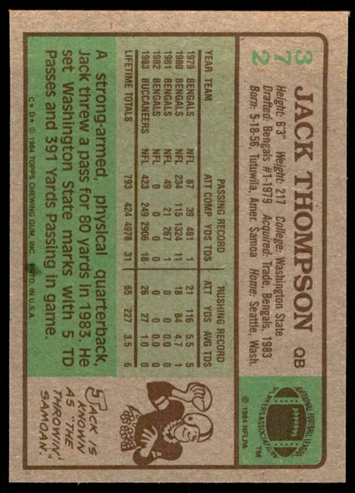 1984 TOPPS^ JACK THOMPSON TAMPA BAY BUCCANEERS #372 - Image 2 of 2