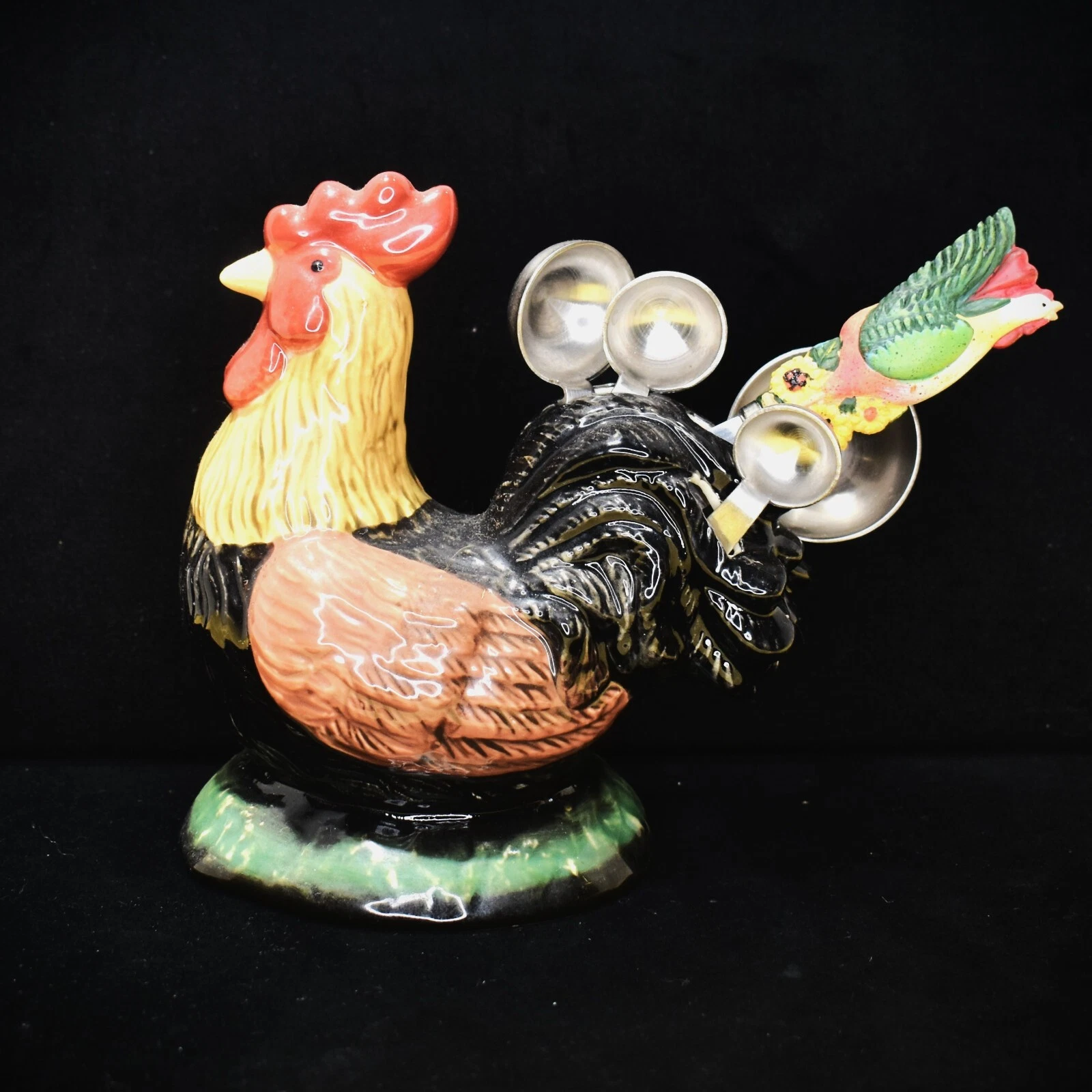 Ceramic Rooster Chicken Measuring Spoon Holder With Metal Spoons 6” Vintage