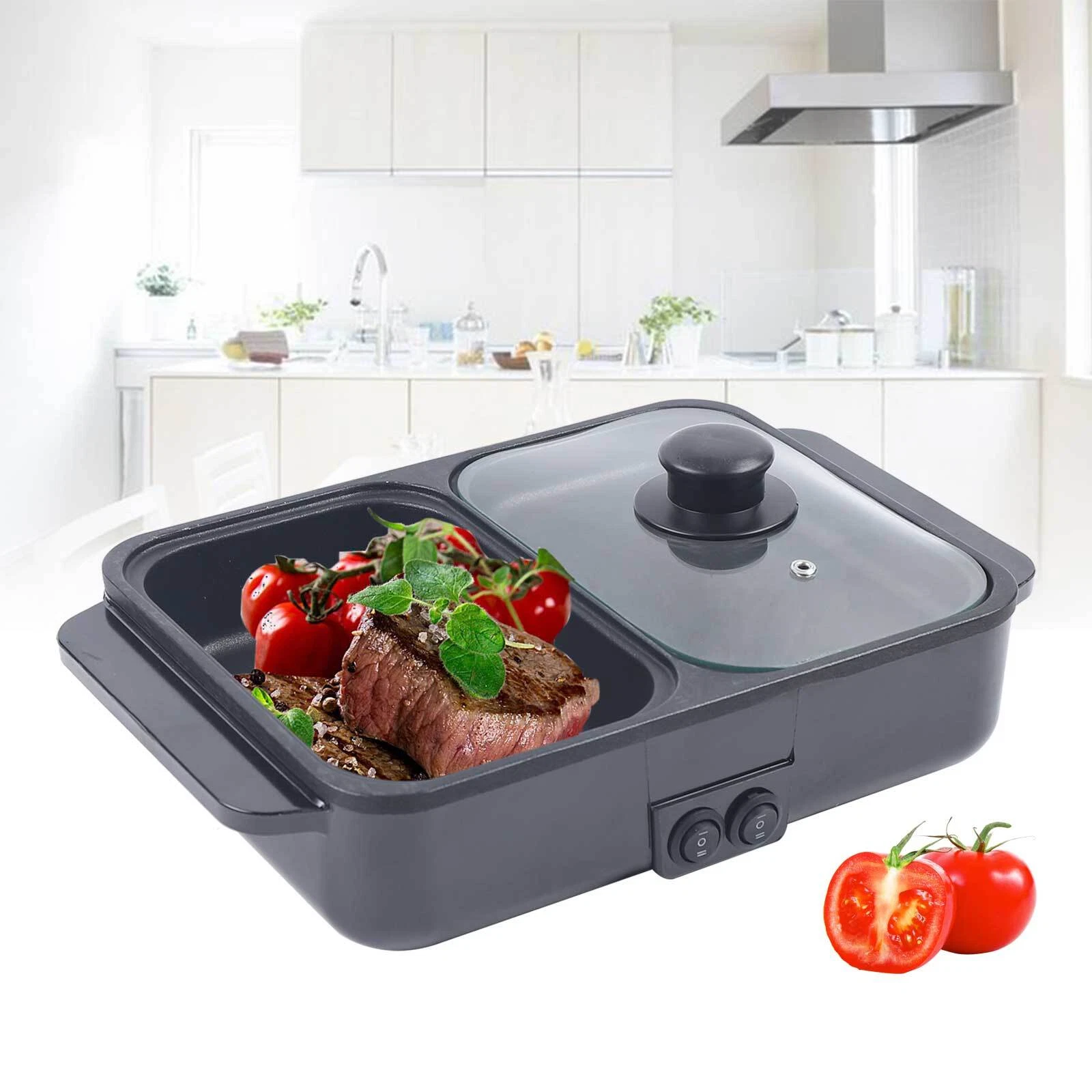 Electric Hot Pot and Grill Combo 2-in-1 Portable Cooker BBQ Baking Grill Pan