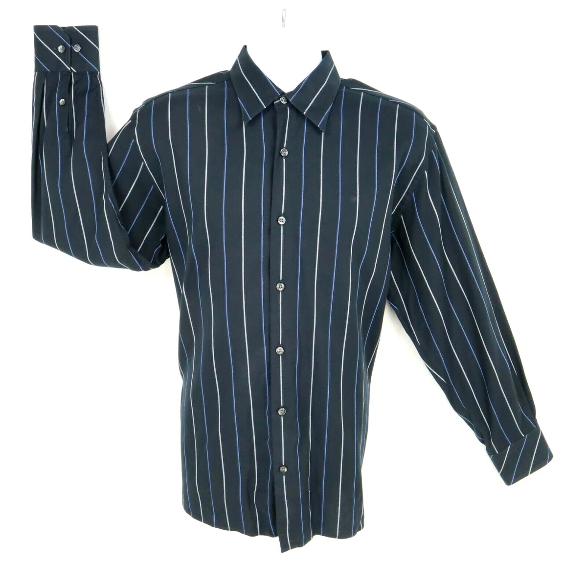 Perry Ellis Dress Shirt Mens M Black Blue White Stripes 100