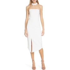 Alice And Olivia Sia Choker Neck Strapless Asymmetrical Hem Sheath Midi Dress