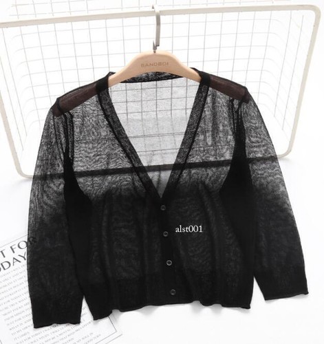 Women Sweater Shrug Crop Top Coat 3/4 Sleeve Knit Cardigan Button Down Sheer - Picture 15 of 31