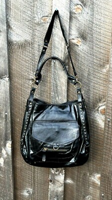 Abaco France Handbag/Shoulderbag Black Leather W/ Bronze Studs, 3 pockets EUC