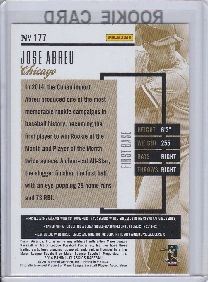 JOSE ABREU ROOKIE CARD 2014 Chicago White Sox Baseball RC PANINI CLASSICS - Image 2 of 2