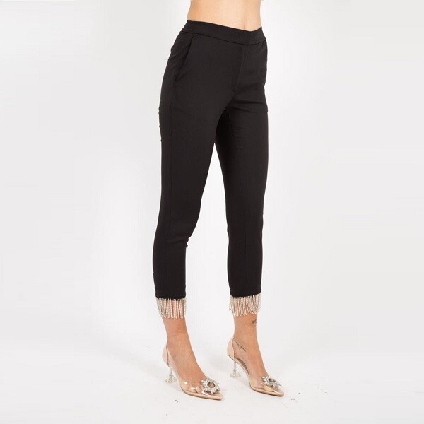GAELLE PARIS PANTALONE CON FRANGE STRASS DONNA GBD6612 НЕРО
