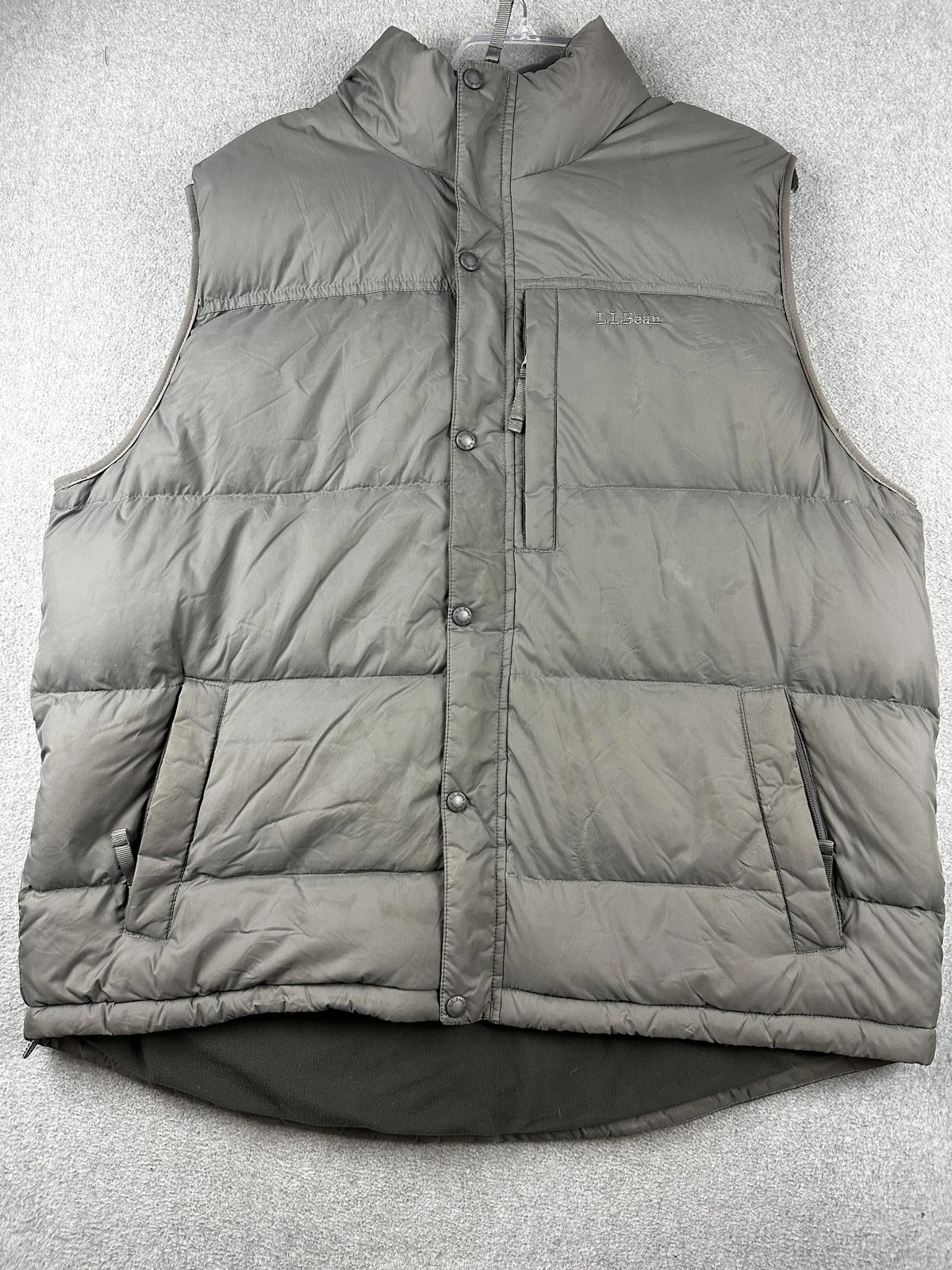 L.L.Bean Vest Mens 2XL Gray Olive Goose Down Puffer Fleece Lined Zip Snap Front