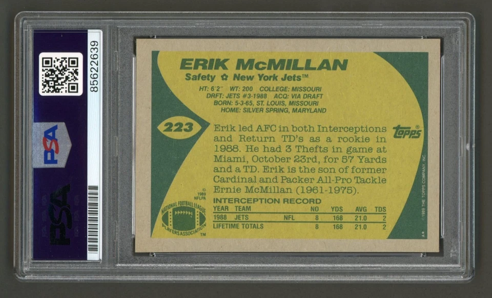 Erik McMillan Signed 1989 Topps Rookie Card #223 (PSA) New York Jets Auto - Image 2 of 2