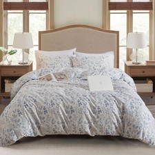 Duvet Cover Set 3 Pieces Full Size Blue Floral Cotton Zipper EAVD White Soft