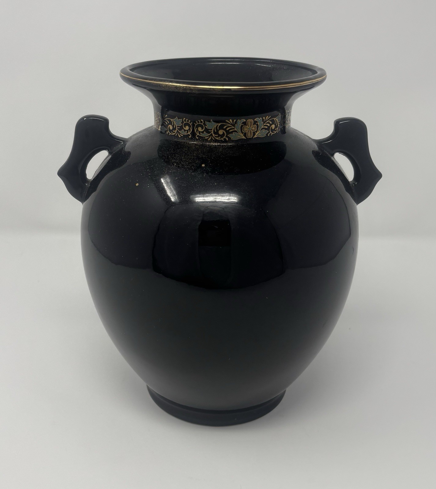 Ornate Black Japanese Vase with Floral Detailing and Gold Accents