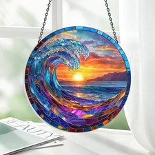 Ocean Wave Stained Glass Suncatcher, Coastal Acrylic Window Hanging Decor