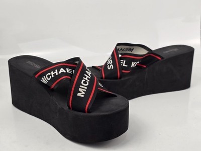 Michael Kors Women's Black Logo Webbing Crisscross Platform Wedge Sandals Sz 10