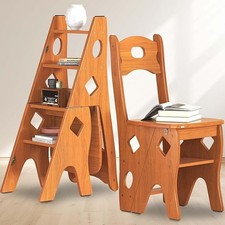 Folding Wooden Library Step Ladder Chair Step High Chair Step Stool 4-Tier Shelf