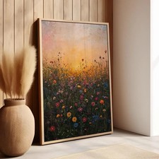 Wildflower Sunrise Meadow Floral Vintage Cottagecore Art Print Wall DecorPoster