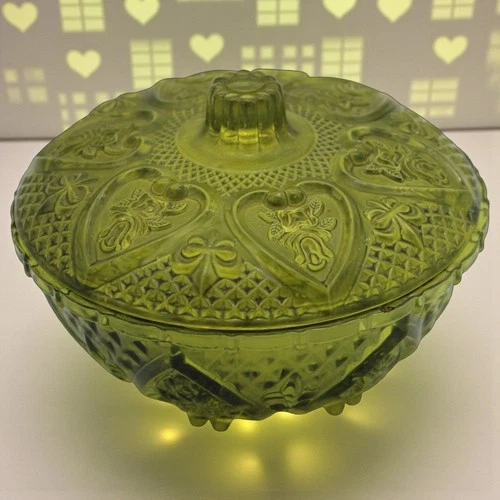 Green Depression Glass Lidded Candy Dish With Intricate Embossed Pattern