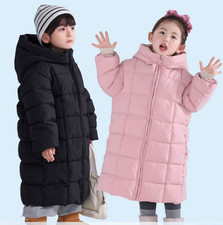Boys Girls Hooded Long Cotton Down Coat Children Full Zip Warm Jacket Outerwear