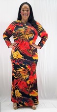 Plus Size Women’s3X Tropical Palm Leaf Print Maxi Dress Long Sleeve Zipper Front
