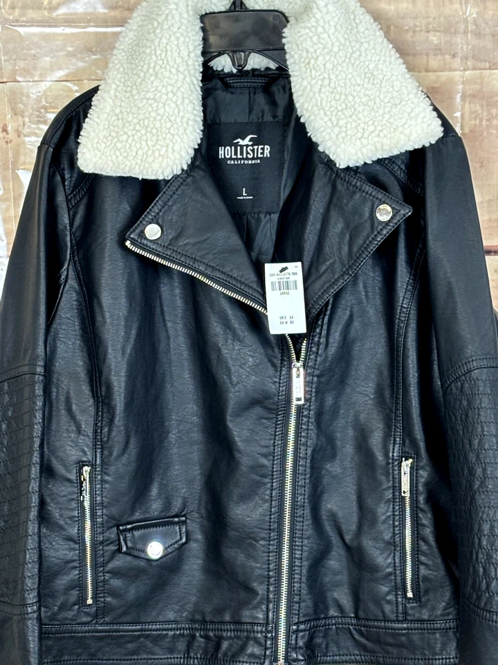 Chaqueta de motociclista Hollister para mujer L negra de cuero sintético quitar cremalleras de cuello blanco Foto 3 de 4