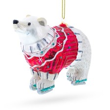 Polar Bear Wearing a Festive Sweater Blown Glass Ornament
