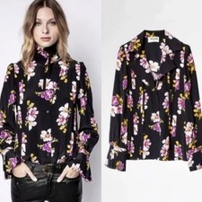 Zadig & Voltaire Defile Tessa Floral Peonies 100% Silk Tie Neck Blouse XS