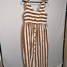 ASOS Brown White Striped Cotton Linen Button Front Maxi Dress Tie Straps Size 12