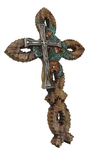 Rustic Ichthys Fishes And Tooled Flowers Faux Wood Finish Layered Wall Cross - Bild 6 von 9